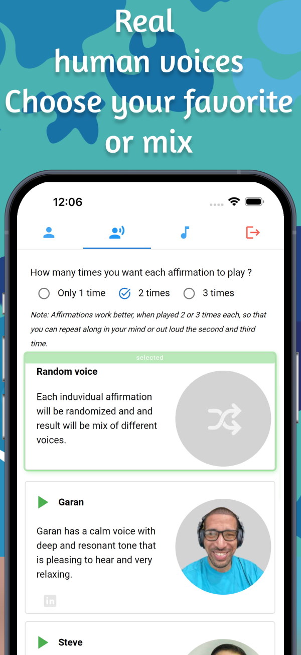 Affirmations, real human voices to choose from
